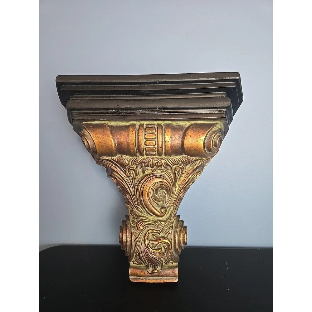 Vintage Wall Shelf Sconce Scrolls Leaves Copper Tone Green Antique Look  11